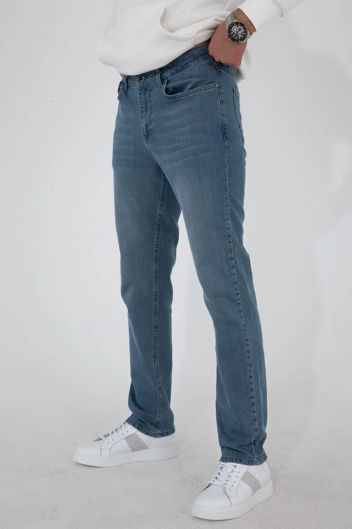 Erkek Taşlamalı Mavi Regular Fit Rahat Kesim Esnek Likralı Denim Jeans Kot Pantolon HLTHE003001
