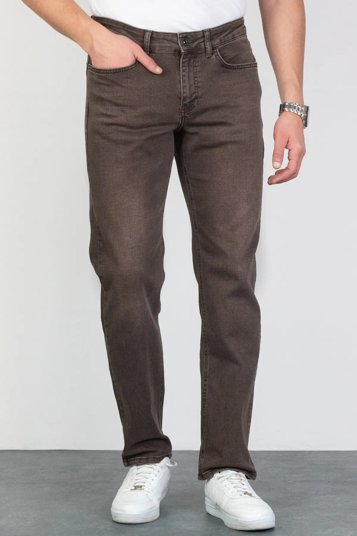 HLT JEANS Erkek Kahverengi Regular Fit Rahat Kesim Esnek Likralı Denim Jeans Kot Pantolon HLTHE001979