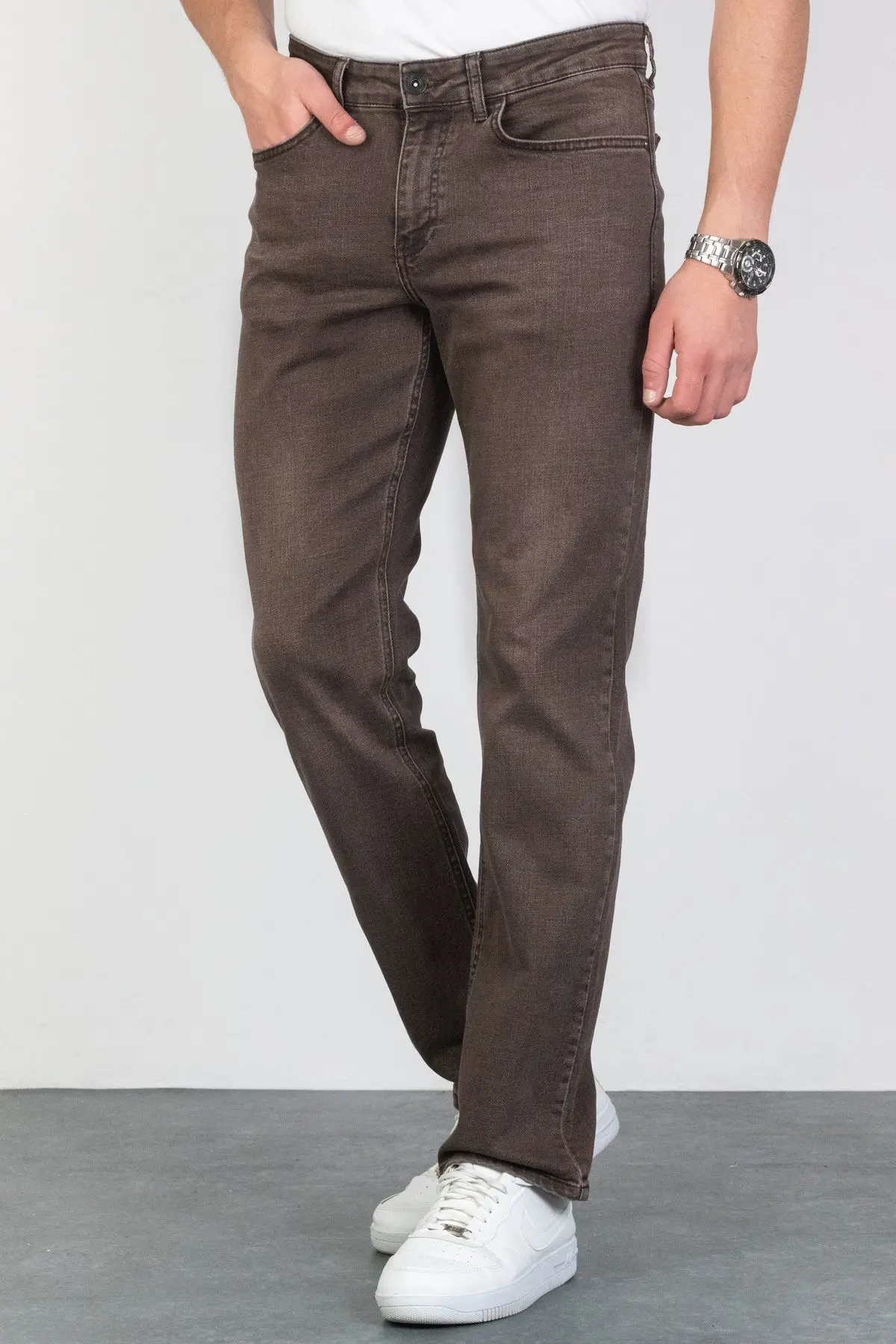 Erkek Kahverengi Regular Fit Rahat Kesim Esnek Likralı Denim Jeans Kot Pantolon HLTHE001979