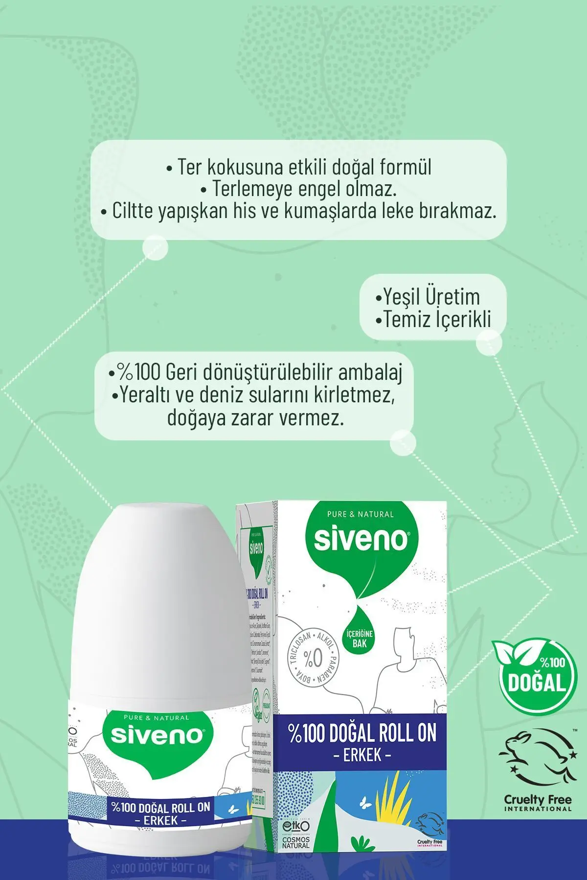 %100 Doğal Roll-on Erkek Deodorant Ter Kokusu Önleyici Bitkisel Leke Bırakmayan Vegan 50 ml