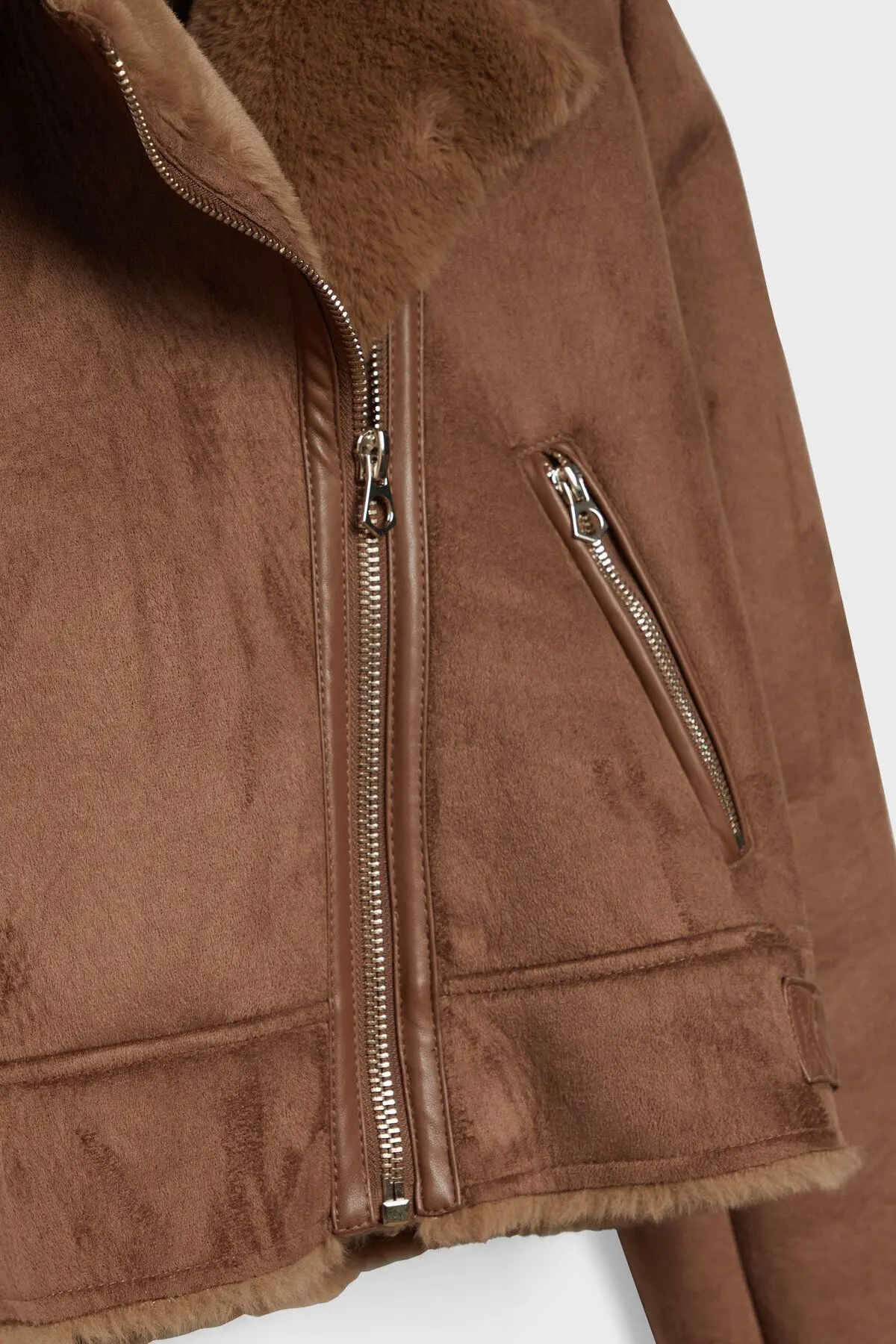 İçi Suni Kürklü Suni Süet Crop Biker Ceket