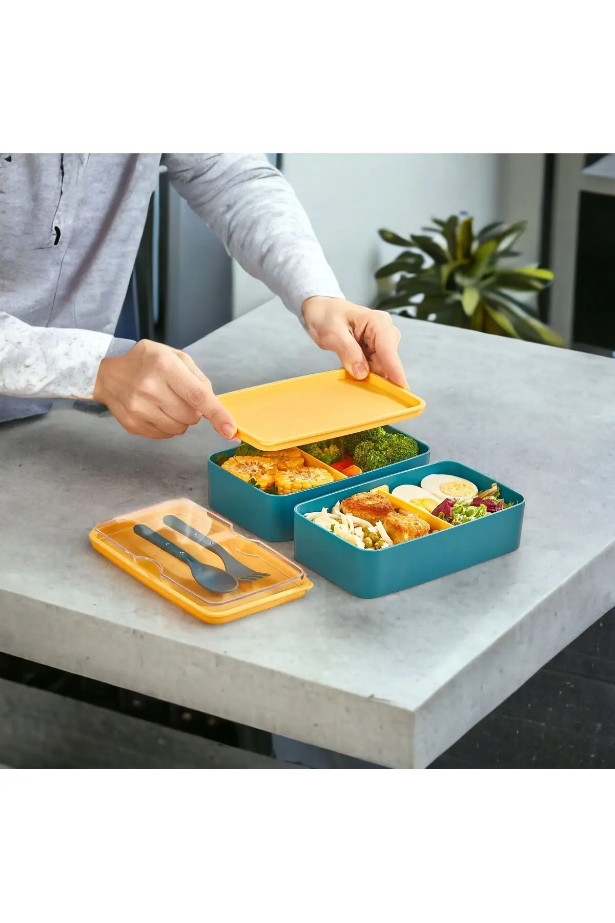 MHK Collection 2 Katlı Çatal Kaşıklı Ayarlanabilir Bölme Beslenme Kabı Sarı Kapak