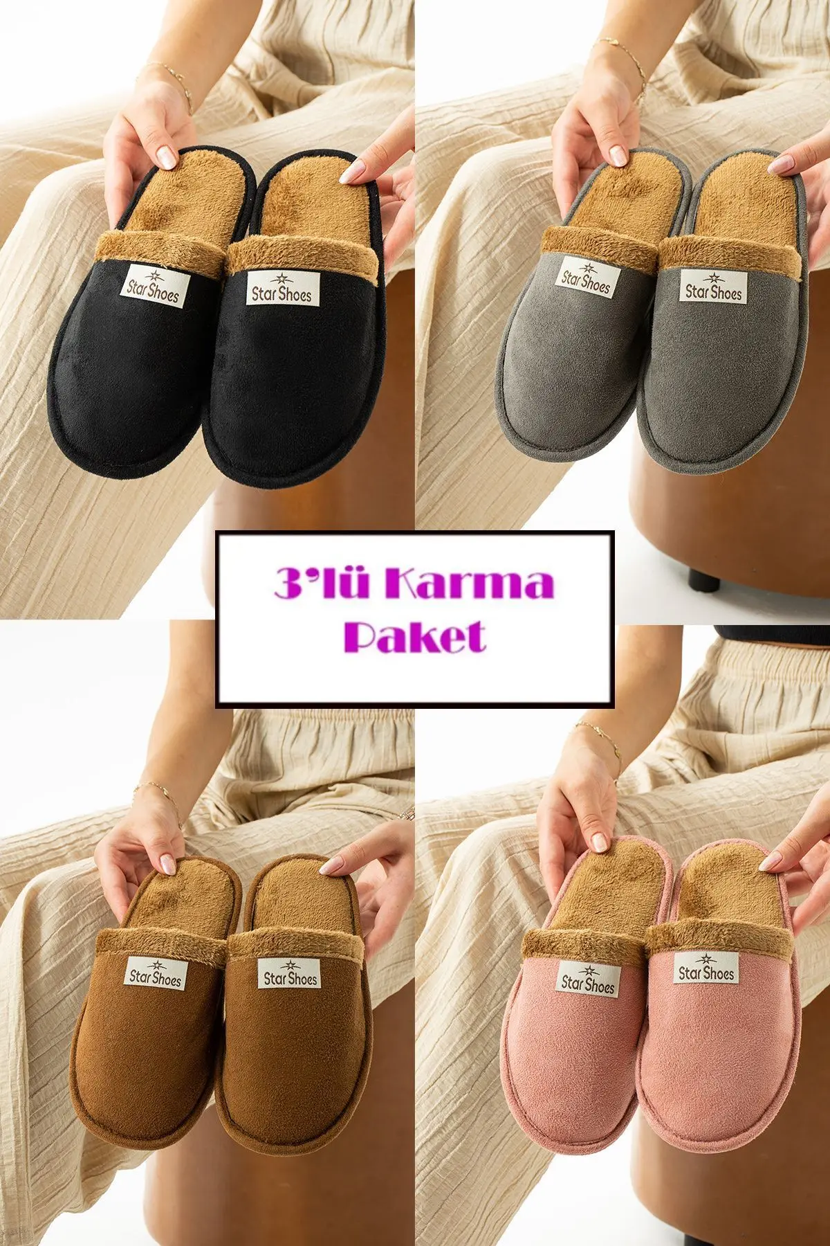 star shoes 3'lü Kışlık Ev Terliği Kışlık Terlik Misafir Terliği