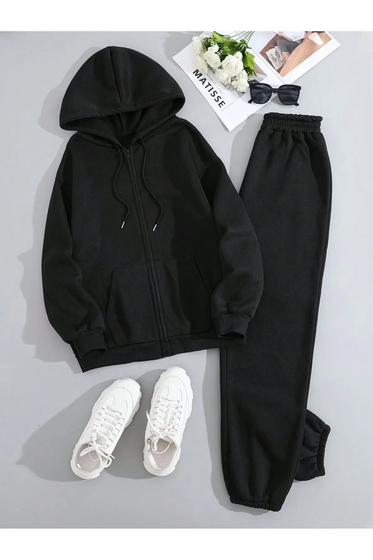 EYAX MODA Fermuarlı Eşofman Takımı - Fermuarlı Kapüşonu Sweatshirt & Jogger Eşofman Altı