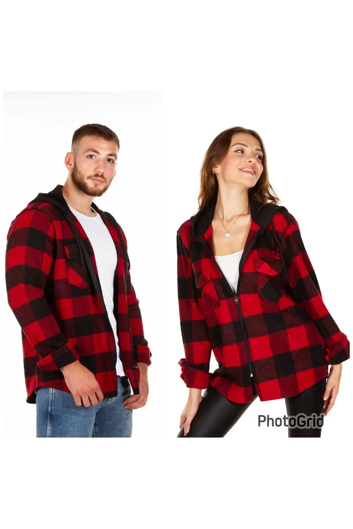 BENESSE Kapüşonlu Fermuarlı Unisex Oduncu Gömleği