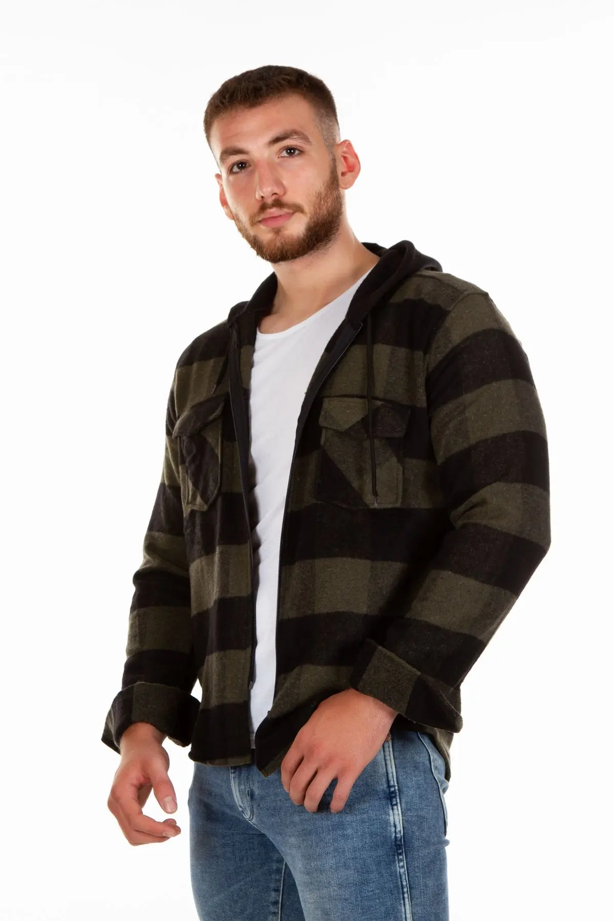 Kapüşonlu Fermuarlı Unisex Haki-siyah Oduncu Gömleği