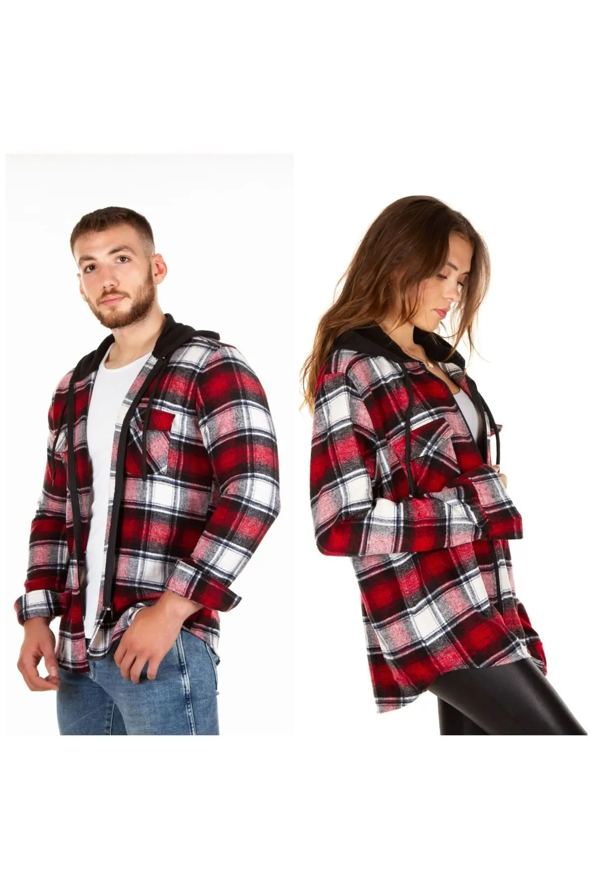 BENESSE Kapüşonlu Fermuarlı Unisex Kırmızı Battal Oduncu Gömleği