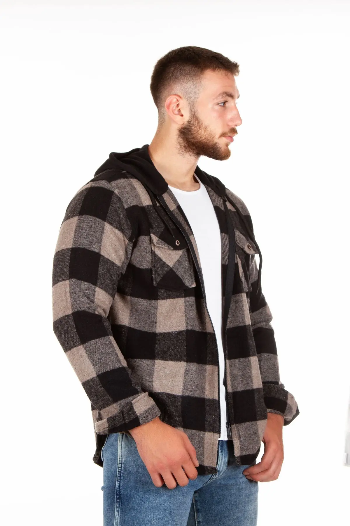 Kapüşonlu Fermuarlı Unisex Akrilik Oduncu Gömleği