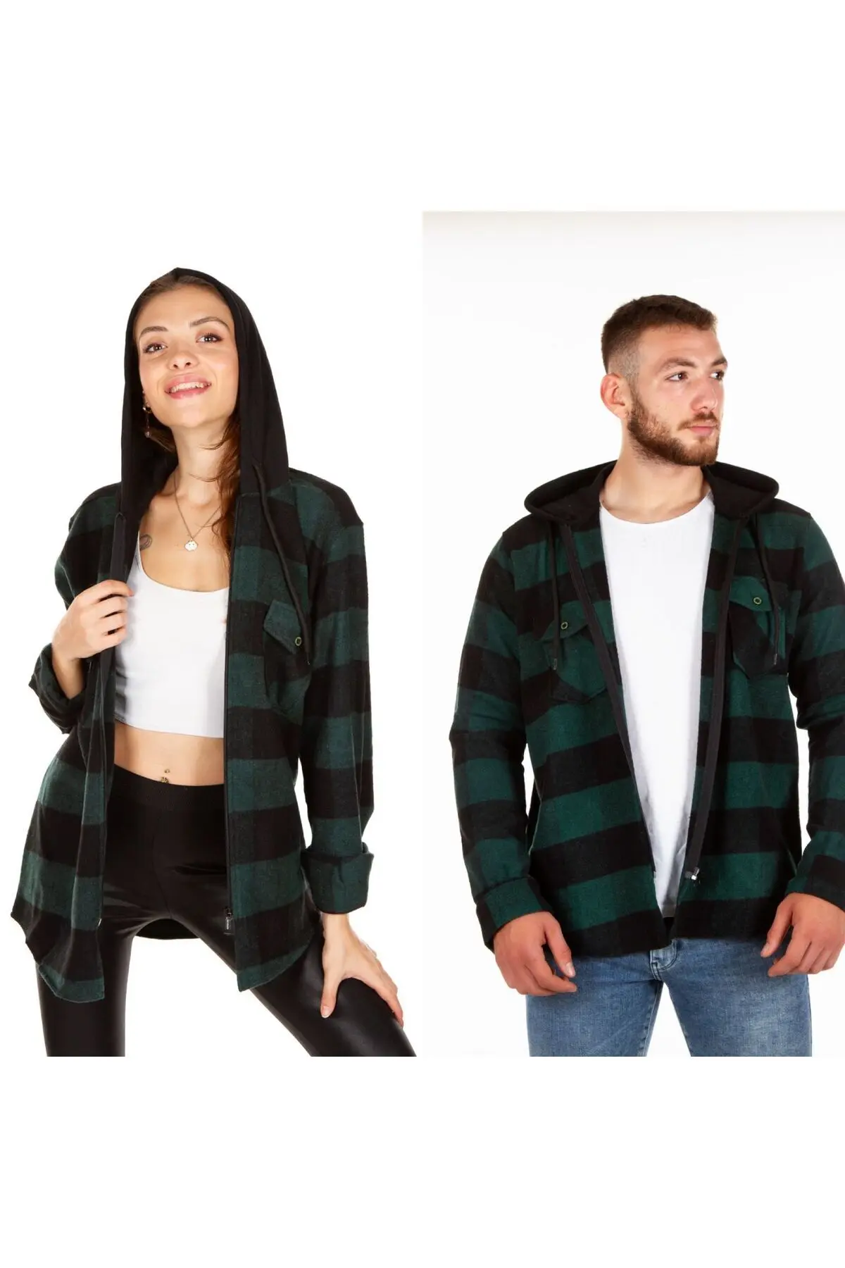 BENESSE Kapüşonlu Fermuarlı Unisex Oduncu Gömleği