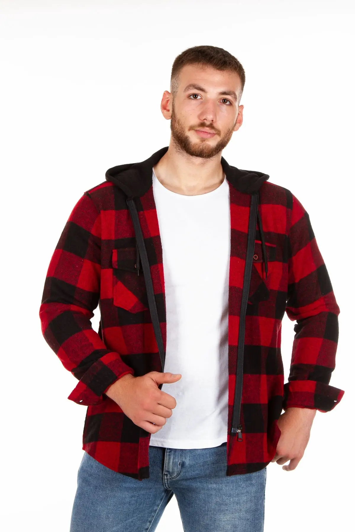 Kapüşonlu Fermuarlı Unisex Oduncu Gömleği