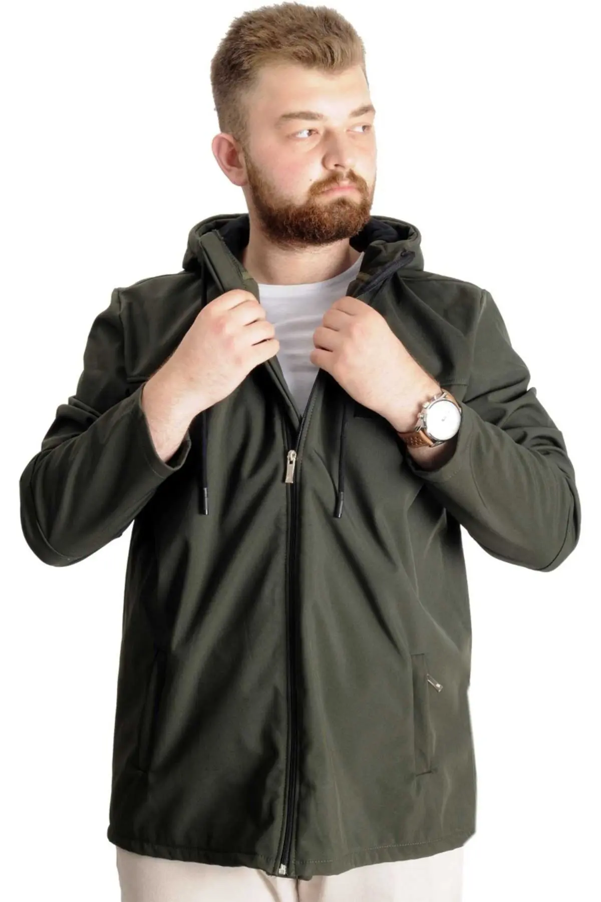 Modexl Mode Xl Büyük Beden Erkek Kapüşonlu Mont Waterproof Softshell 21235 Haki