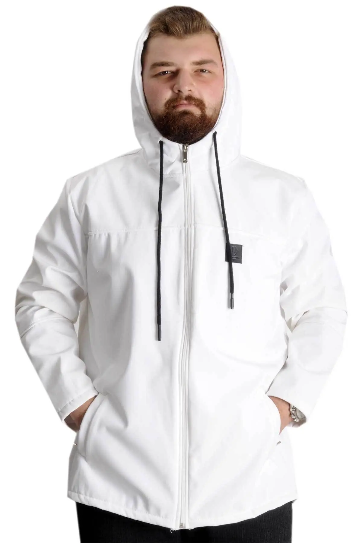 Modexl Mode Xl Büyük Beden Erkek Kapüşonlu Mont Waterproof Softshell 21235 Beyaz