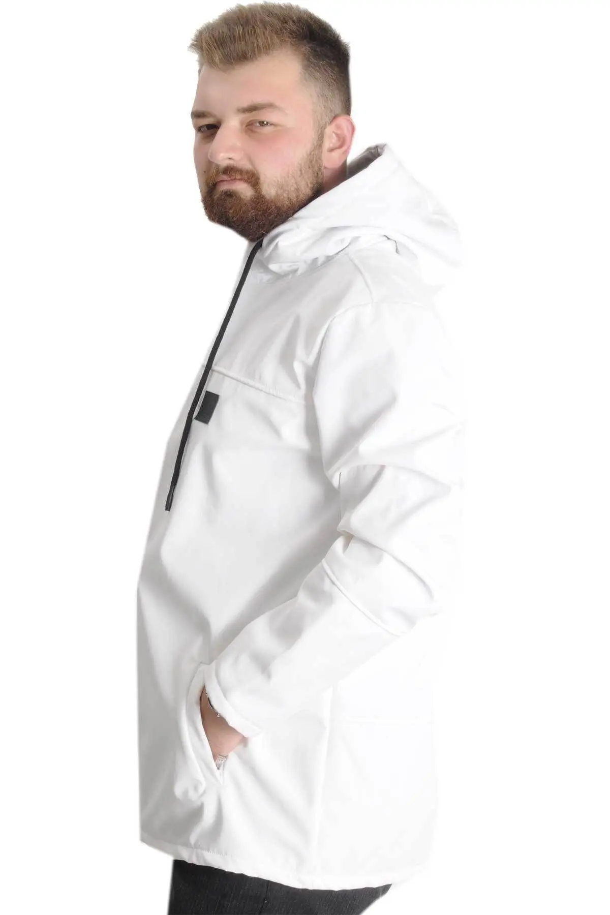 Mode Xl Büyük Beden Erkek Kapüşonlu Mont Waterproof Softshell 21235 Beyaz