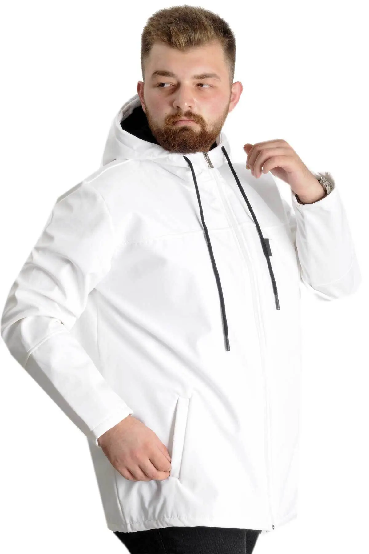 Mode Xl Büyük Beden Erkek Kapüşonlu Mont Waterproof Softshell 21235 Beyaz