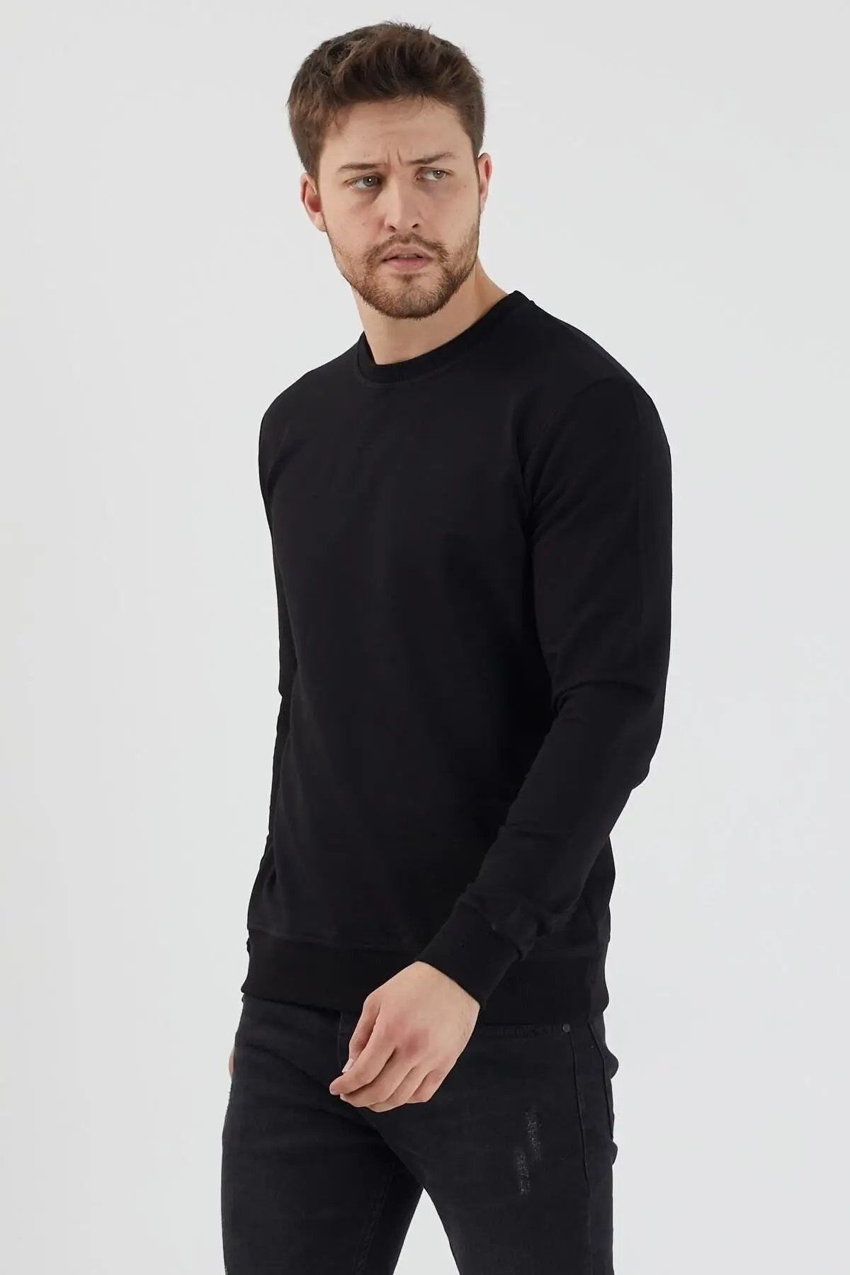 Erkek Siyah Sweatshirt Bisiklet Yaka Günlük Rahat Spor Normal Kalıp Uzun Kollu Sweat