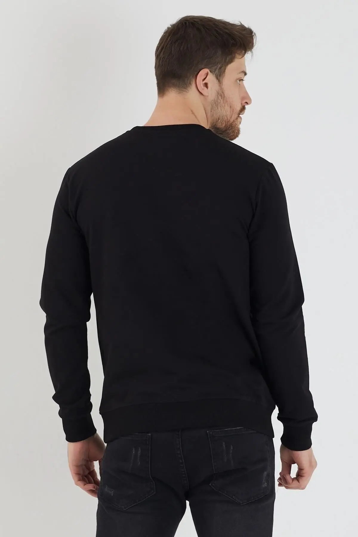 Erkek Siyah Sweatshirt Bisiklet Yaka Günlük Rahat Spor Normal Kalıp Uzun Kollu Sweat