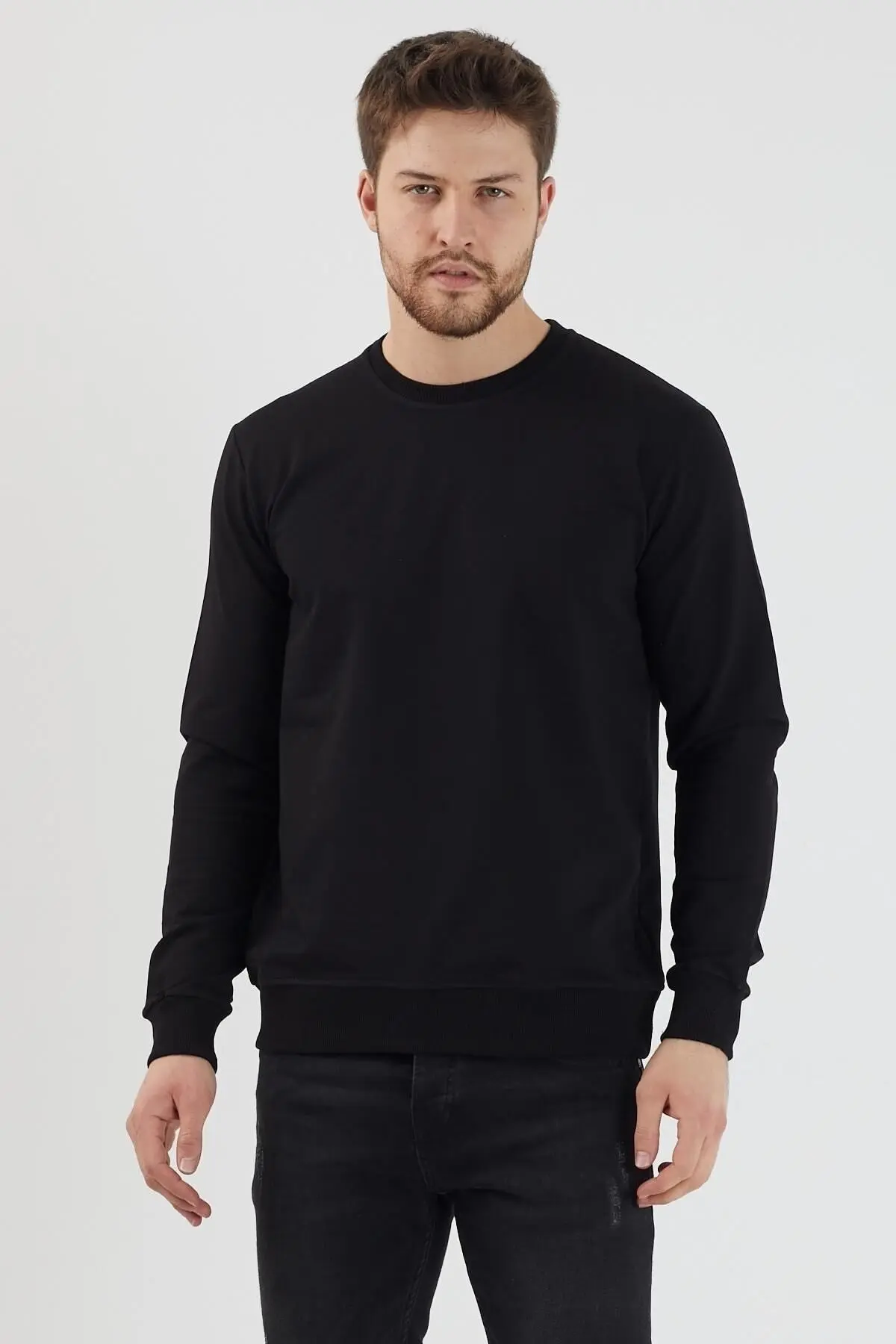 Erkek Siyah Sweatshirt Bisiklet Yaka Günlük Rahat Spor Normal Kalıp Uzun Kollu Sweat