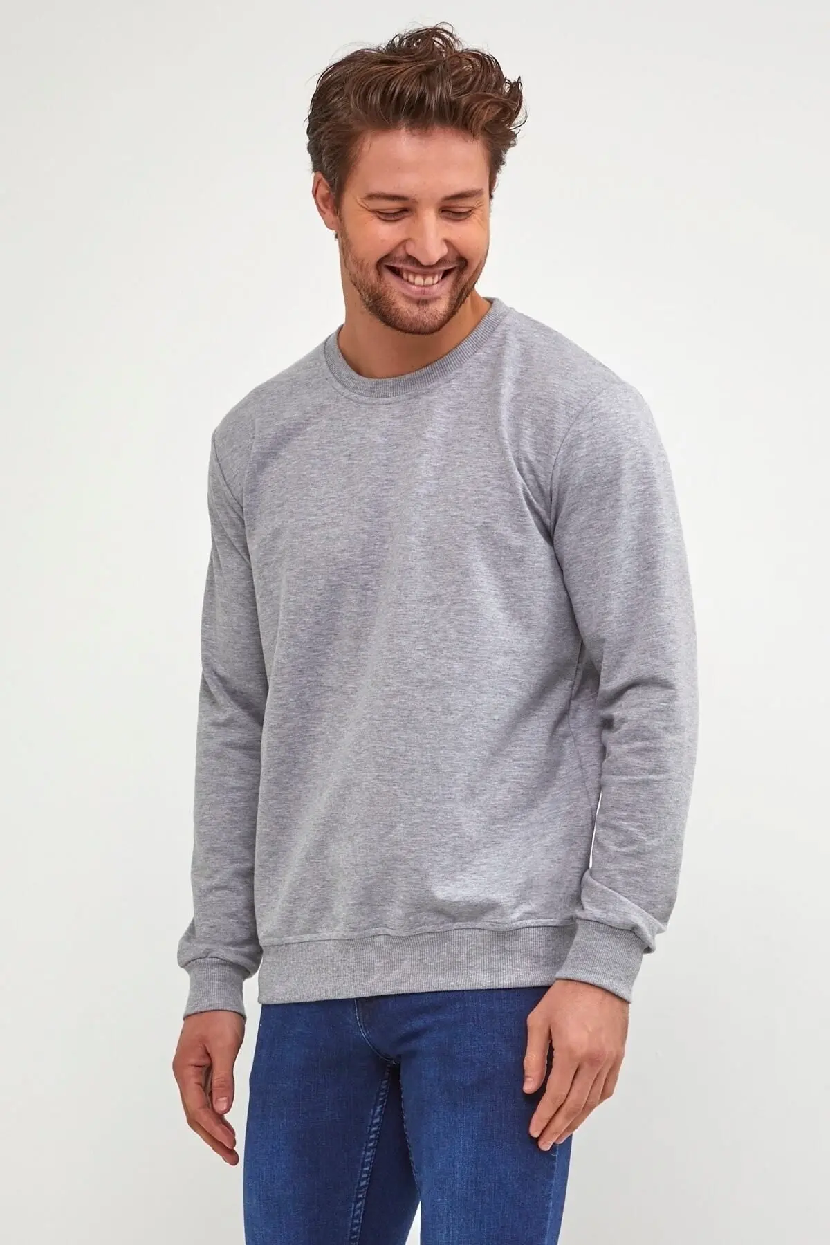 Plaın Erkek Grimelanj Basic Bisiklet Yaka Ince Mevsimlik Sweatshirt