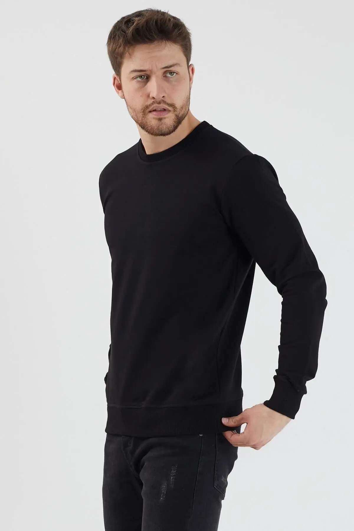 Erkek Siyah Sweatshirt Bisiklet Yaka Günlük Rahat Spor Normal Kalıp Uzun Kollu Sweat