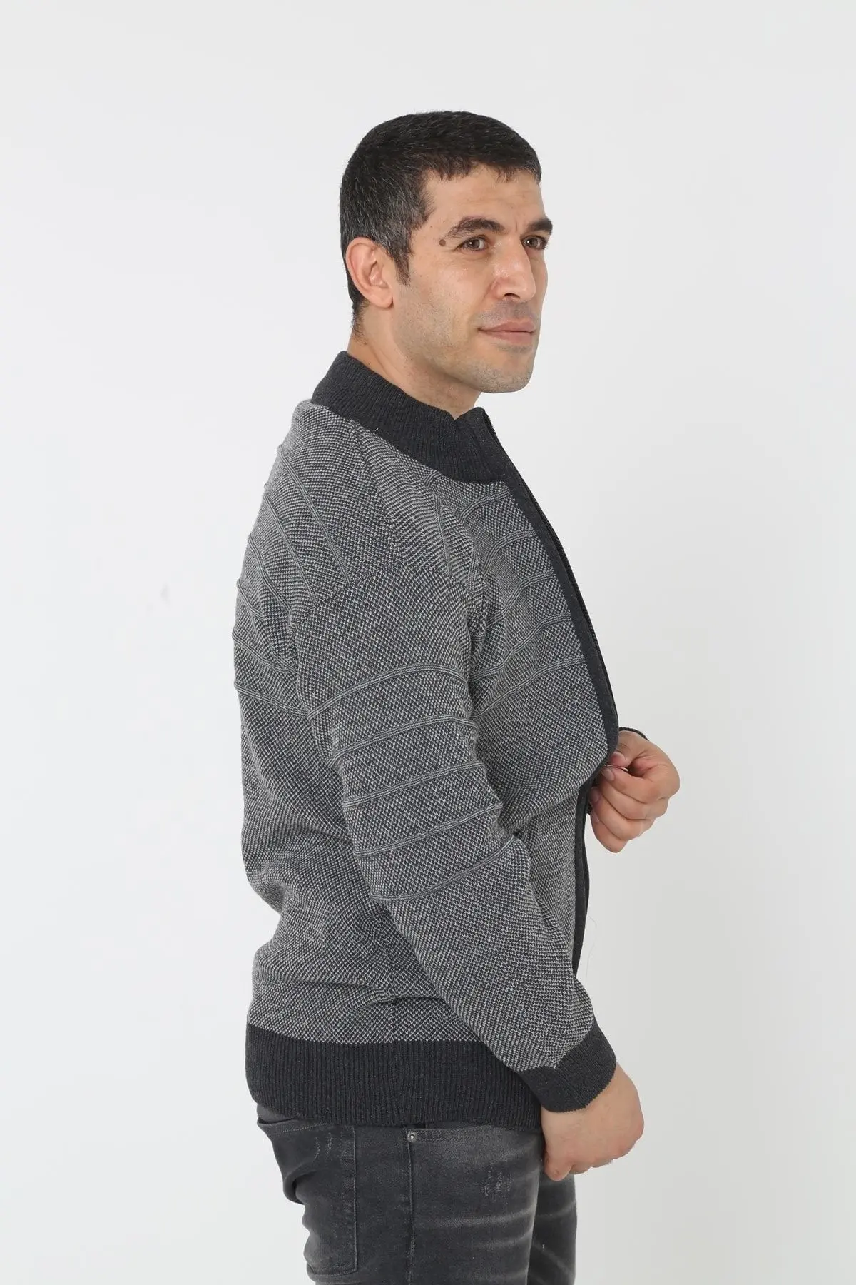 Erkek Gri  Super Battal Triko Fermuarlı Örme Hırka & Kazak