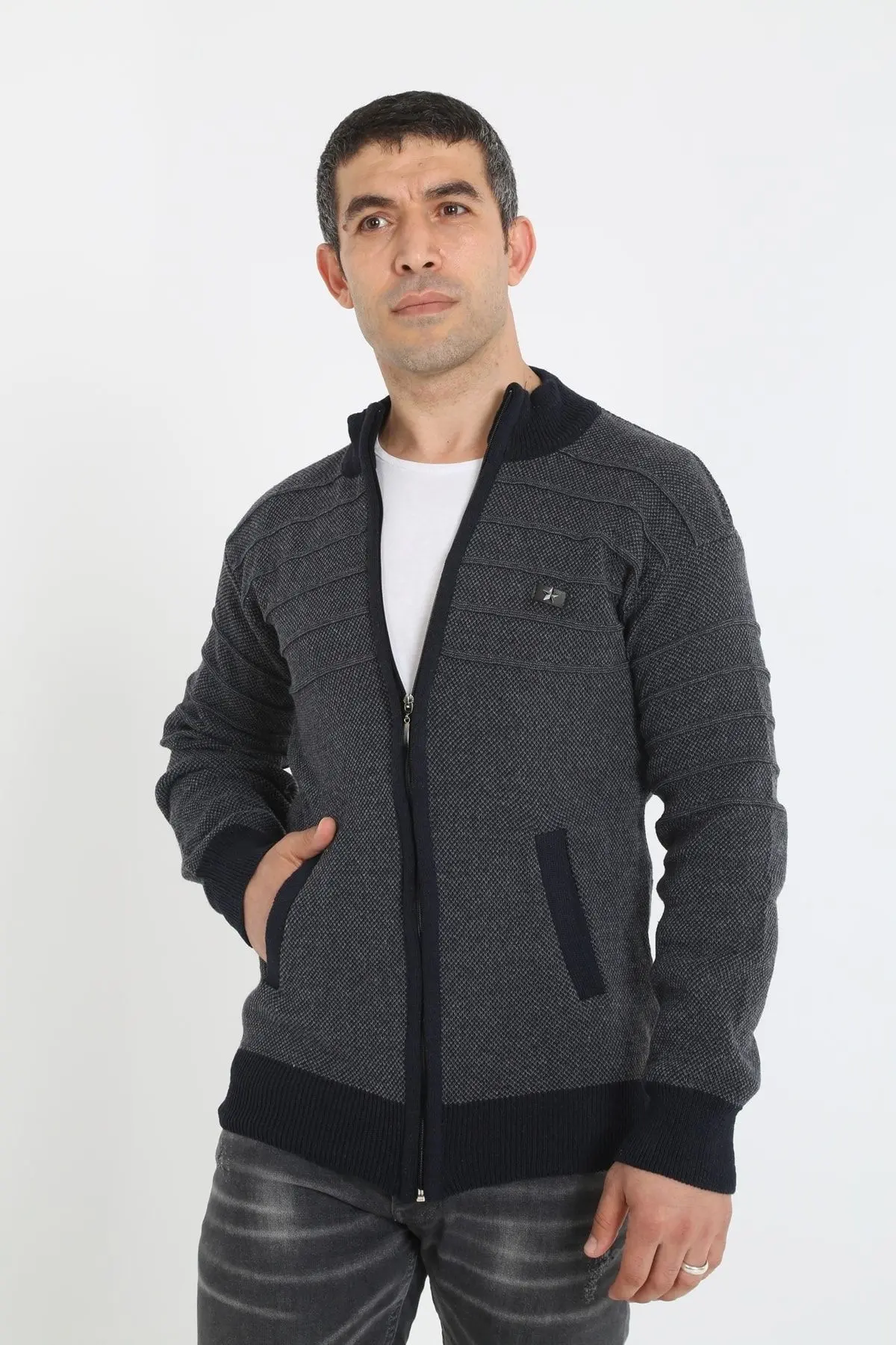 Baba Super Battal Triko Fermuarlı Örme Hırka Kazak