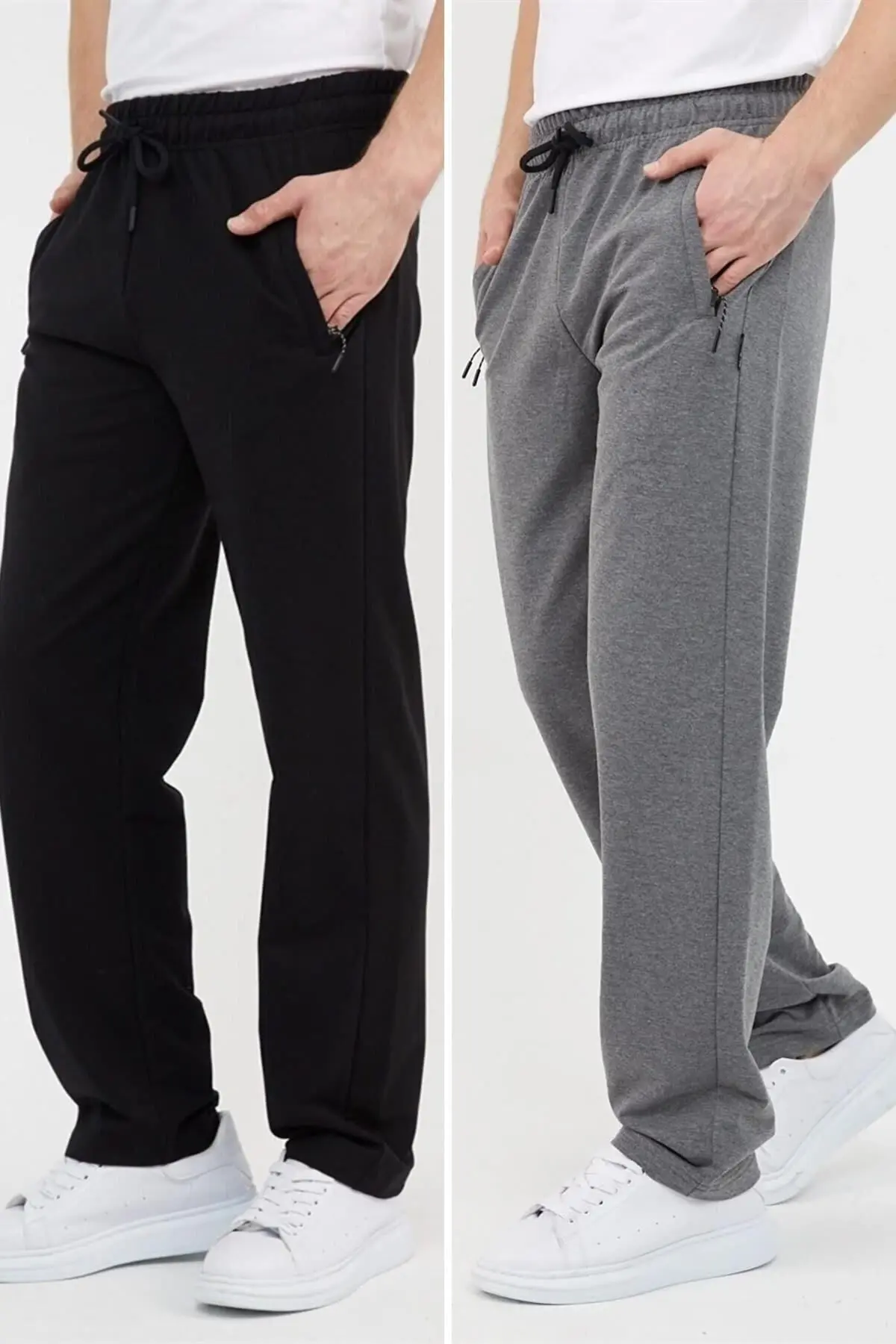 COMEOR Siyah-antrasit Erkek Büyük Beden 2'li Düz Paça Cep Fermuar Detaylı Rahat Kesim Eşofman Altı