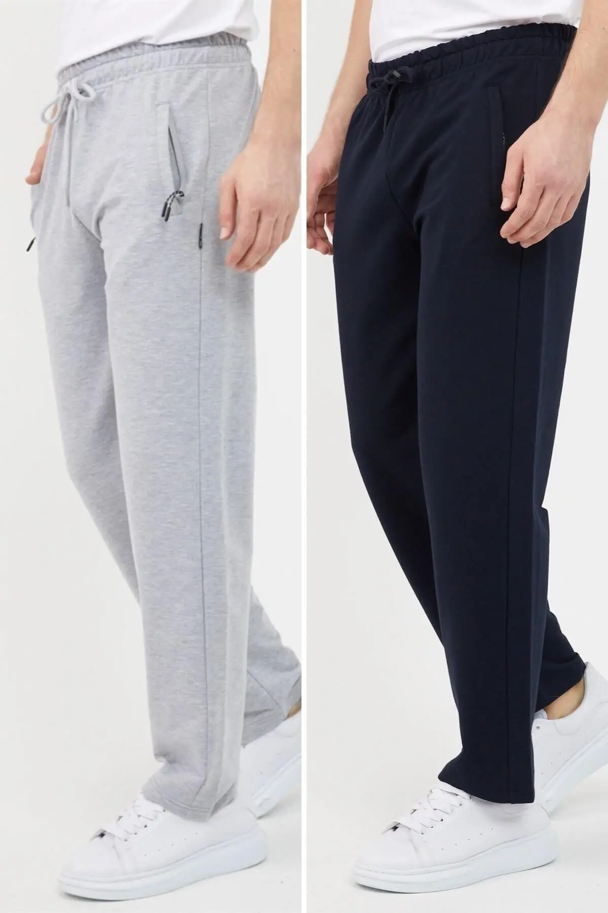 COMEOR Gri Lacivert Erkek Büyük Beden 2'li Düz Paça Cep Fermuar Detaylı Rahat Kesim Eşofman