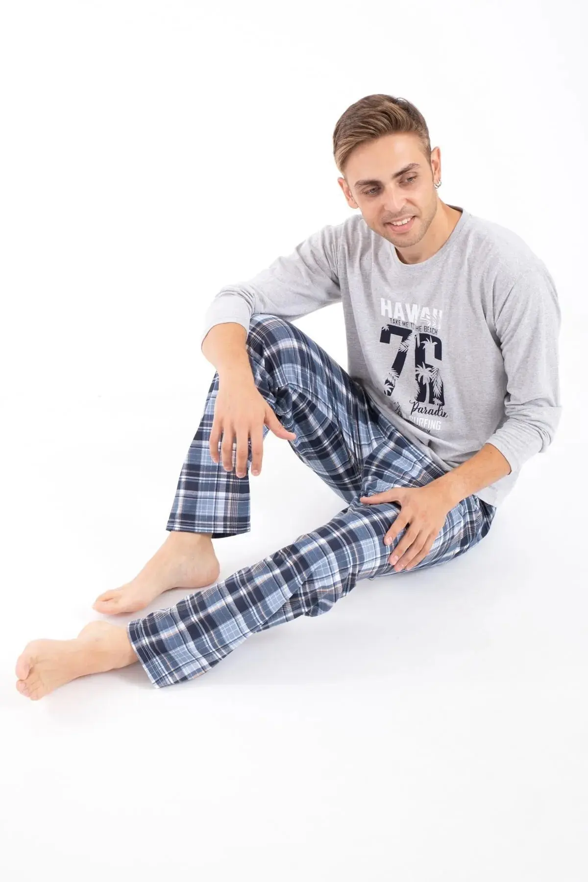 Erkek Büyük Beden Baskılı Pijama Takımı Uzun Kollu Tampap 2170-B