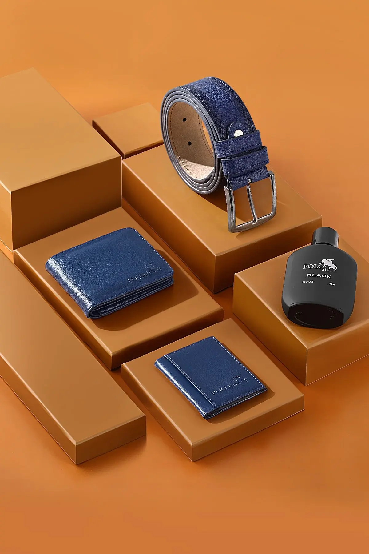 Kutulu Klasik Erkek Cüzdan Kemer Kartlık Parfüm Seti Lacivert