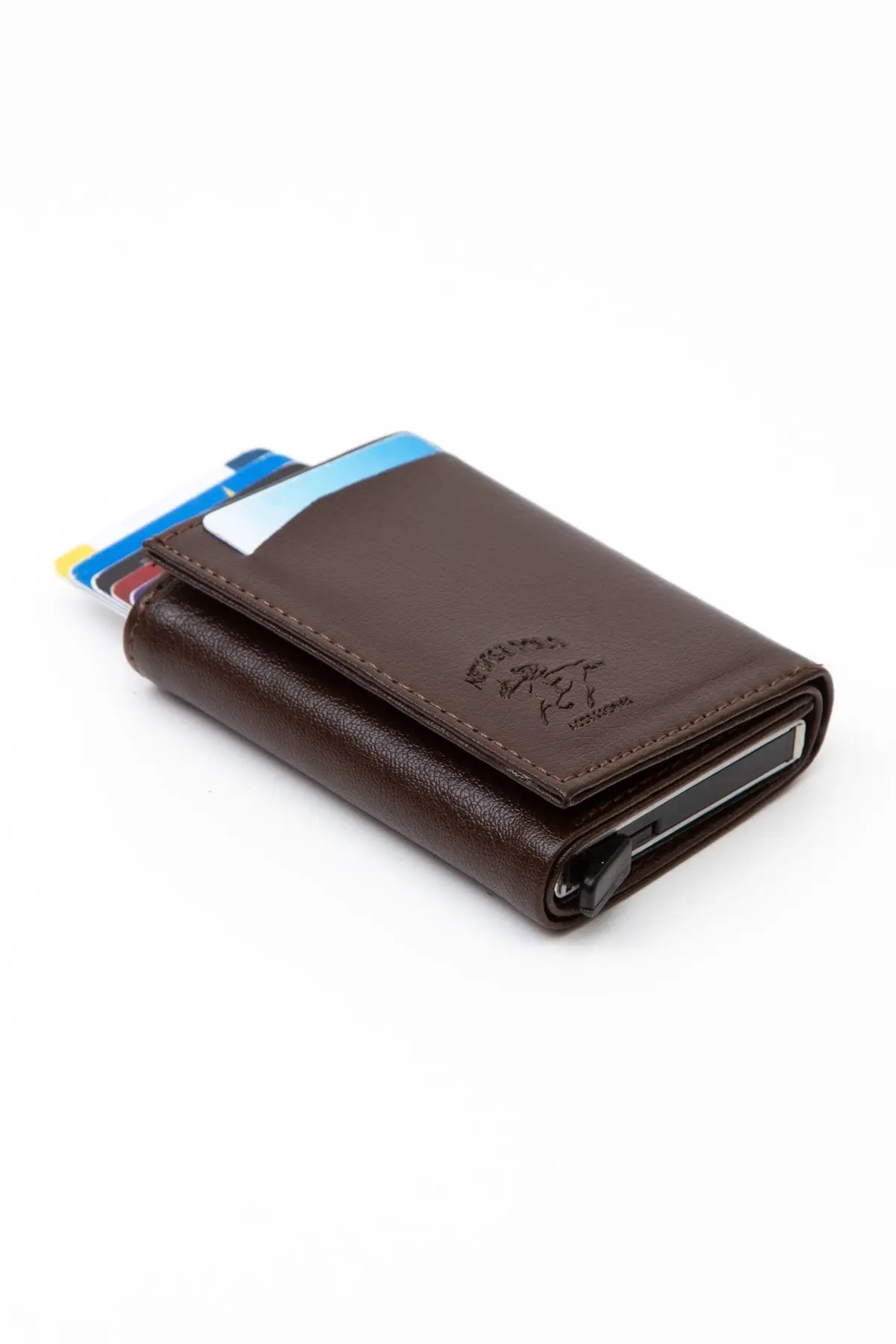 Adelina Unisex Koyu Kahve Deri Mekanizmalı Otomatik Kızaklı Kartlık Cüzdan (7CMX10CM)