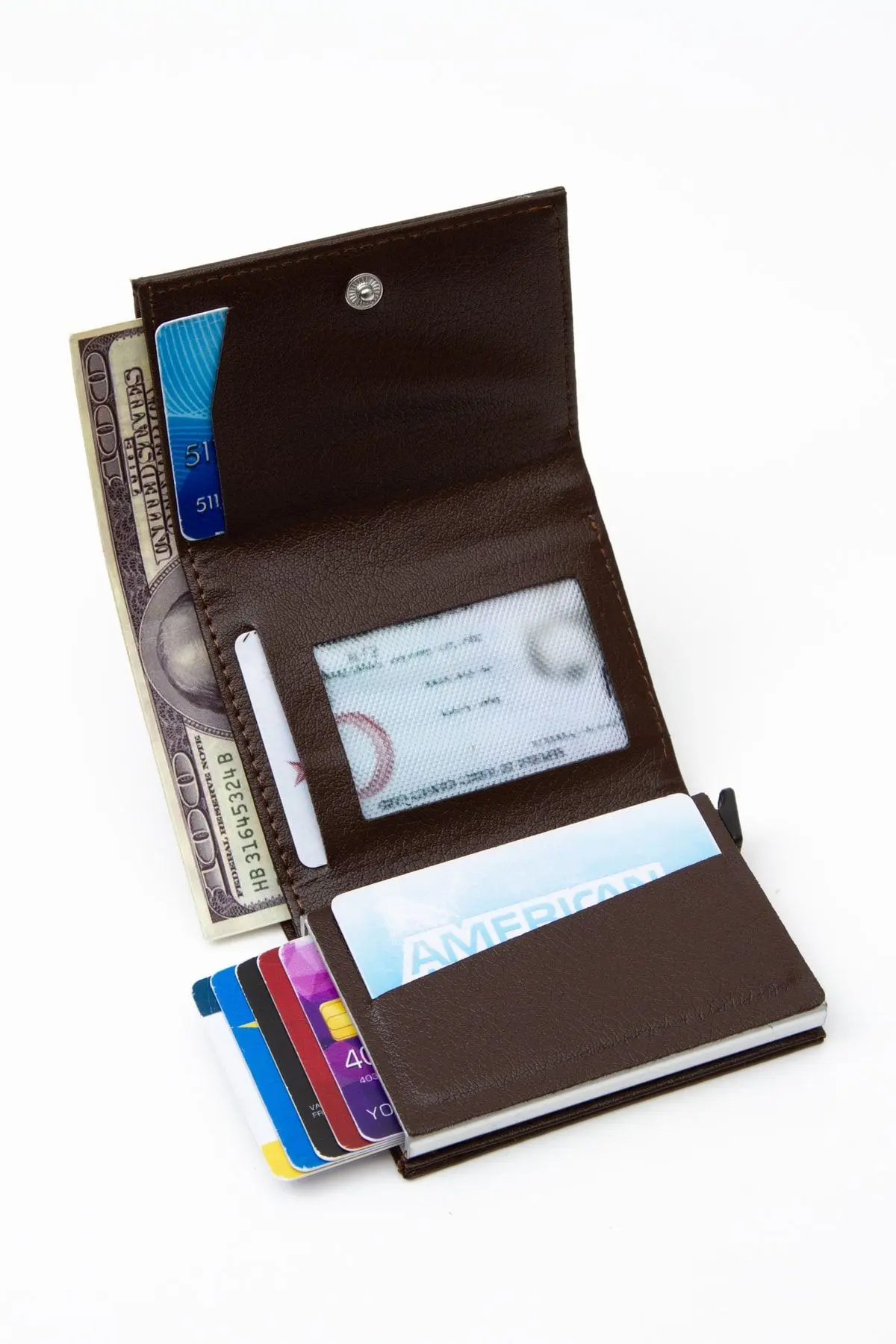 Adelina Unisex Koyu Kahve Deri Mekanizmalı Otomatik Kızaklı Kartlık Cüzdan (7CMX10CM)