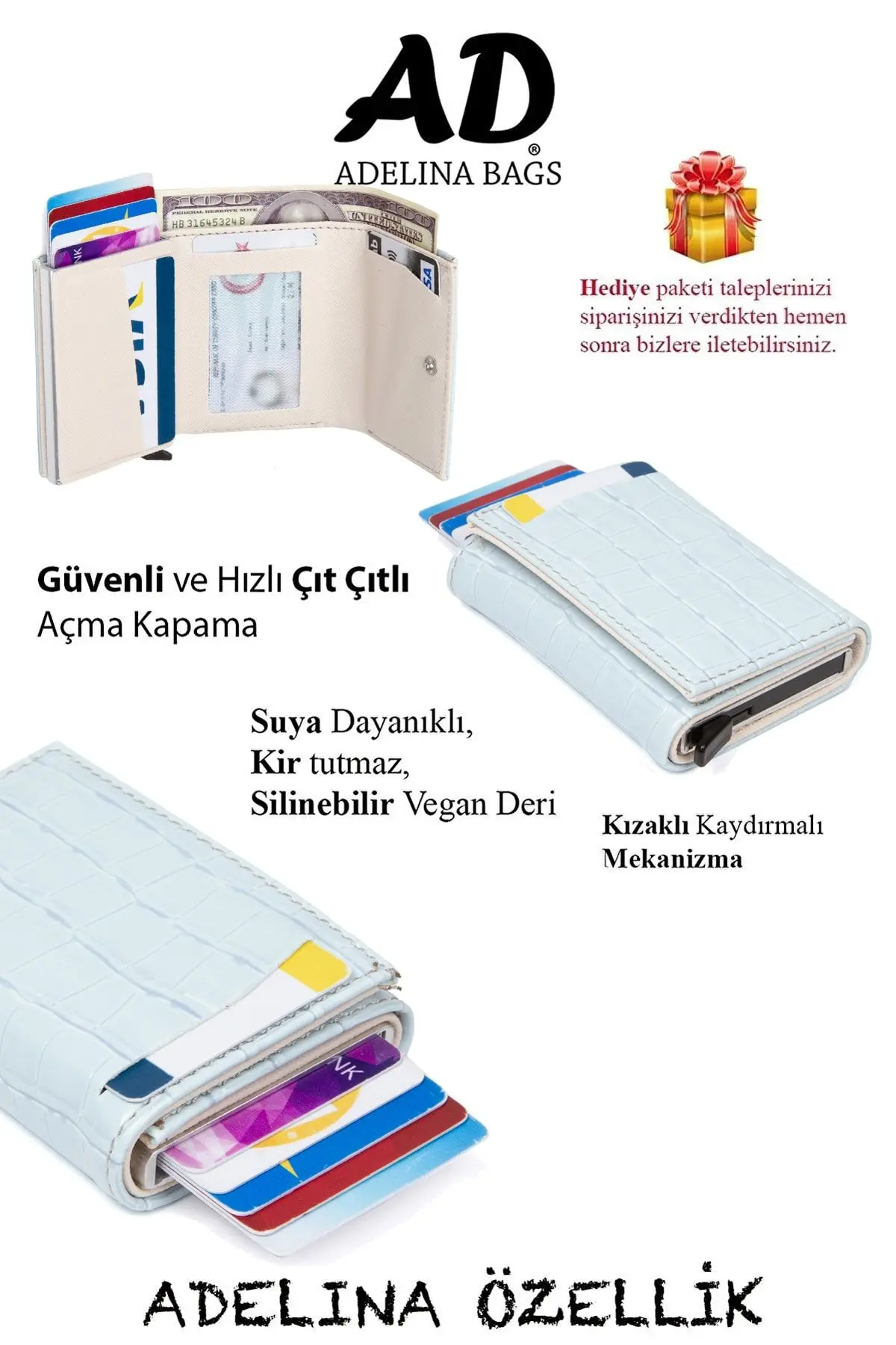 Adelina Mavi Timsah Desenli Mekanizmalı Otomatik Kızaklı Kartlık Cüzdan Kroko Kartlık