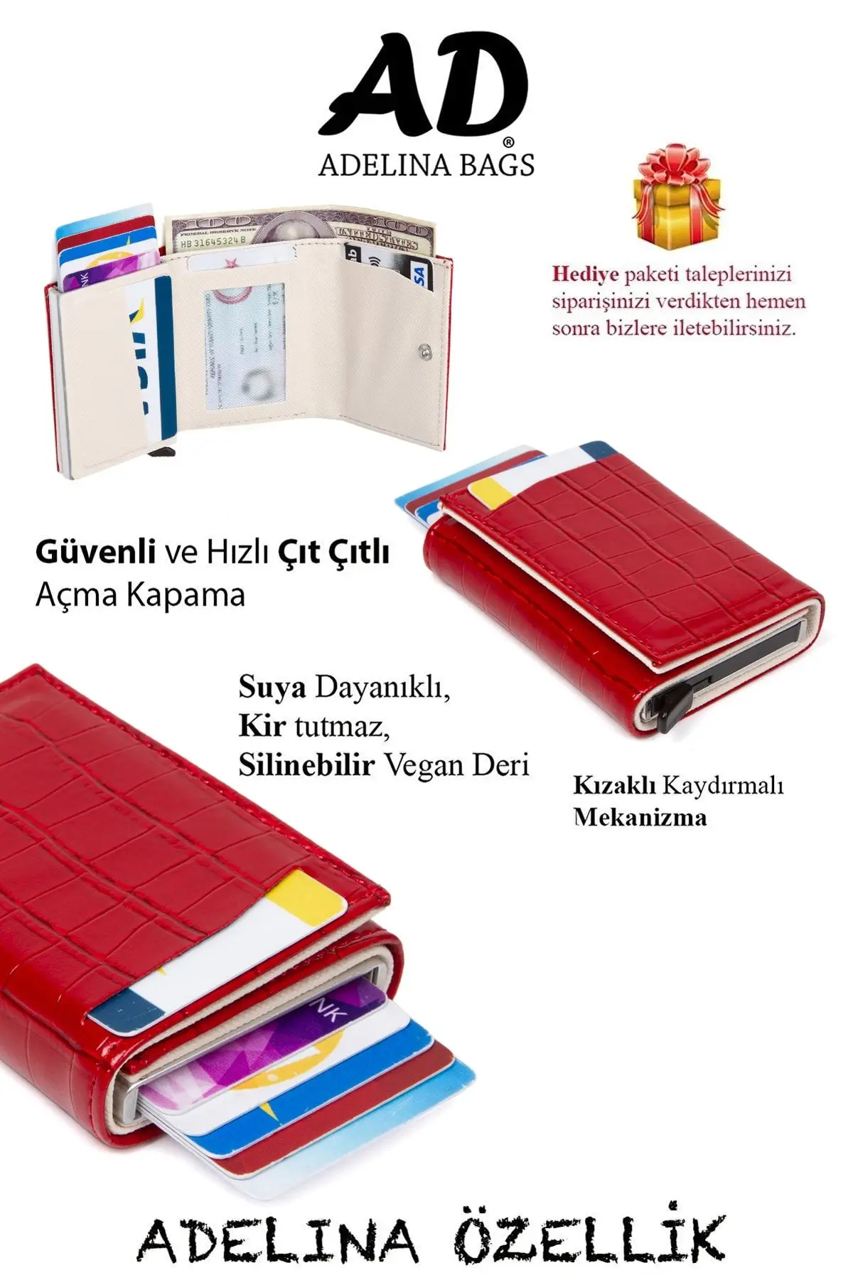 Adelina Kırmızı Timsah Desenli Mekanizmalı Otomatik Kızaklı Kartlık Cüzdan Kroko Kartlık