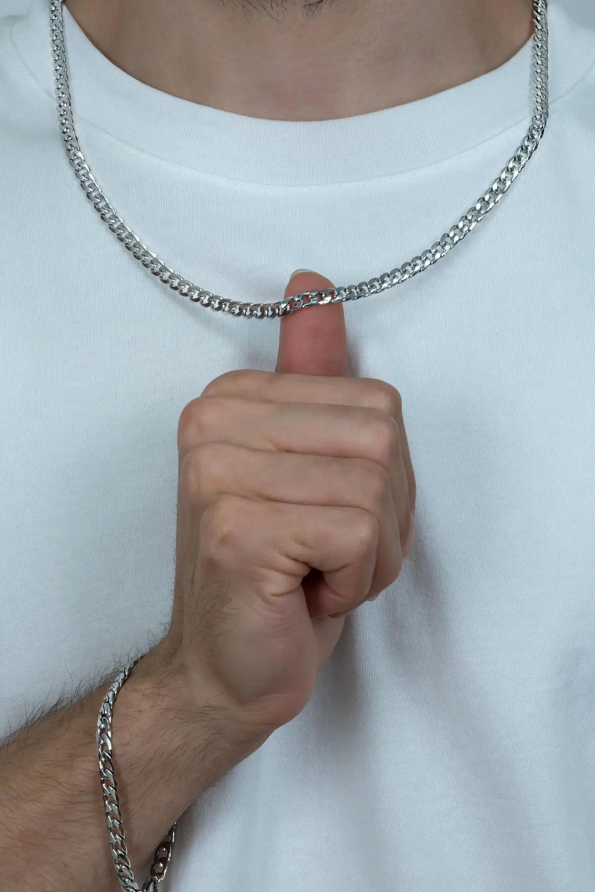 Ince Gurmet Erkek Çelik Zincir Kolye Ve Bileklik Set 4mm Eck06t