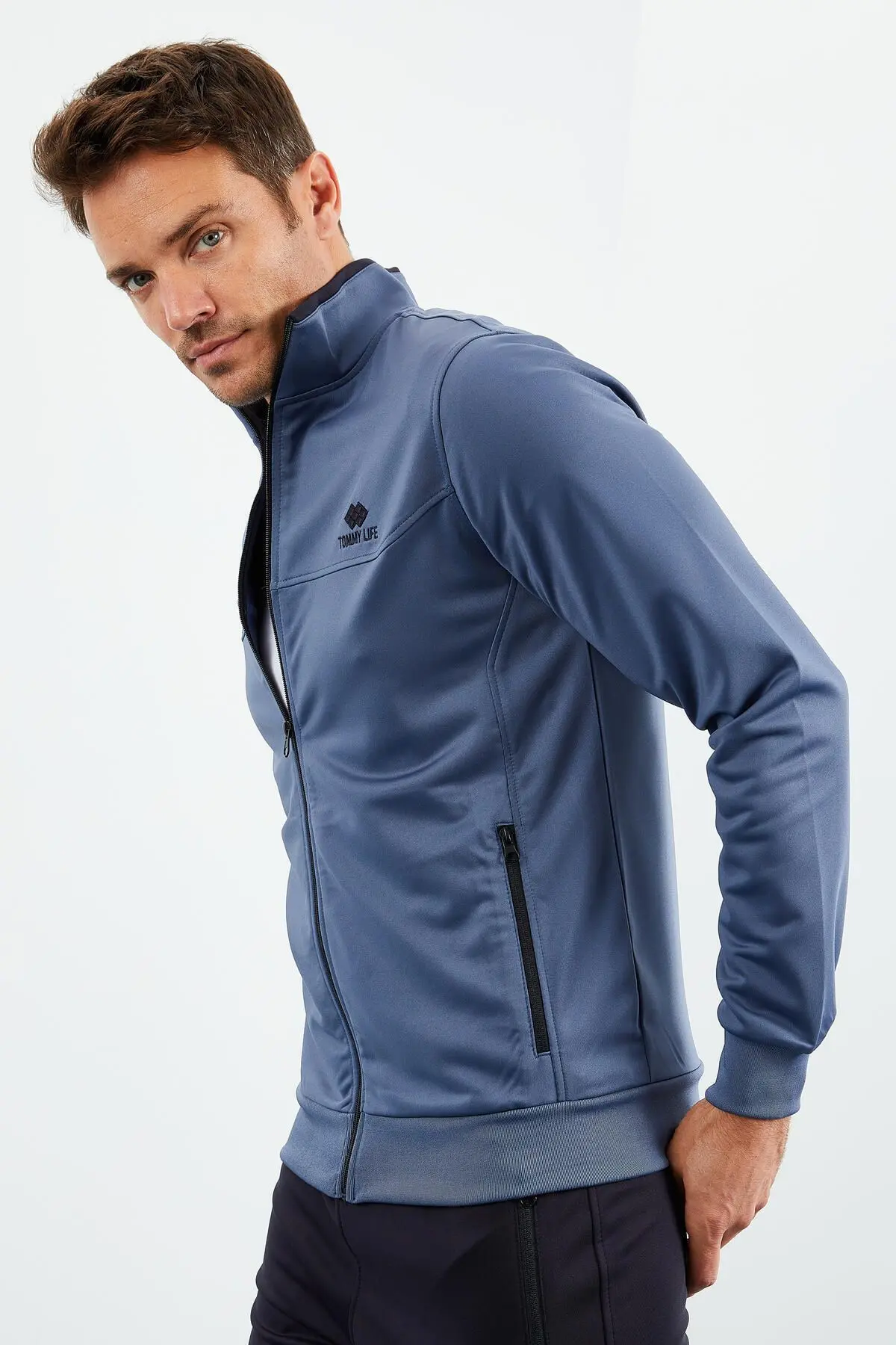 Petrol - Lacivert Dik Yaka Fermuarlı Standart Kalıp Klasik Paça Erkek Eşofman Takımı - 851