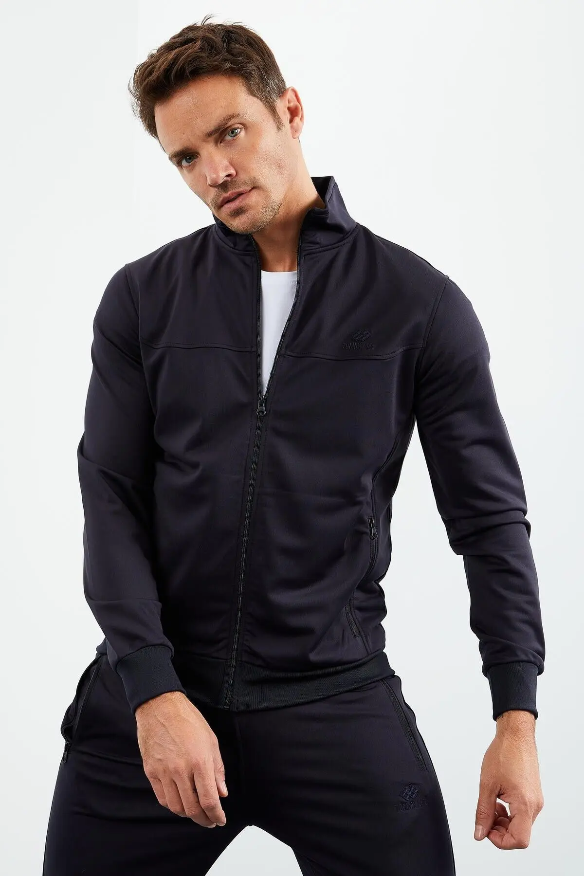 Lacivert Dik Yaka Fermuarlı Standart Kalıp Klasik Paça Erkek Eşofman Takımı - 85162