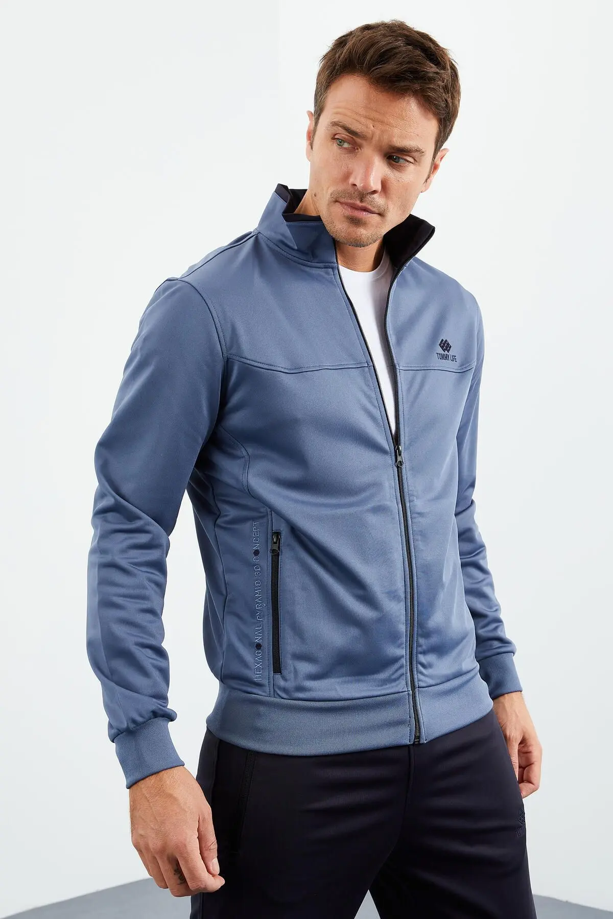 Petrol - Lacivert Dik Yaka Fermuarlı Standart Kalıp Klasik Paça Erkek Eşofman Takımı - 851